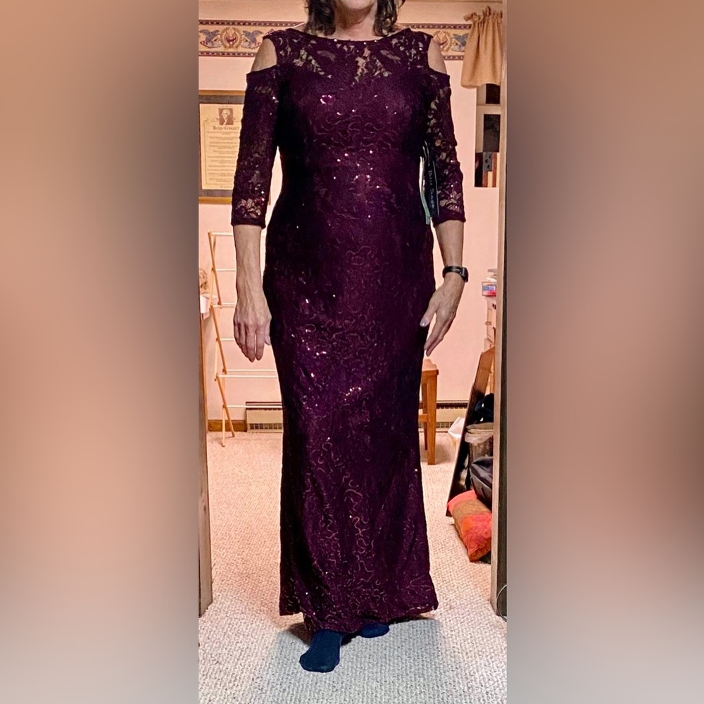 Merlot new long formal gown. Sequins and peek a boo shoulders.
